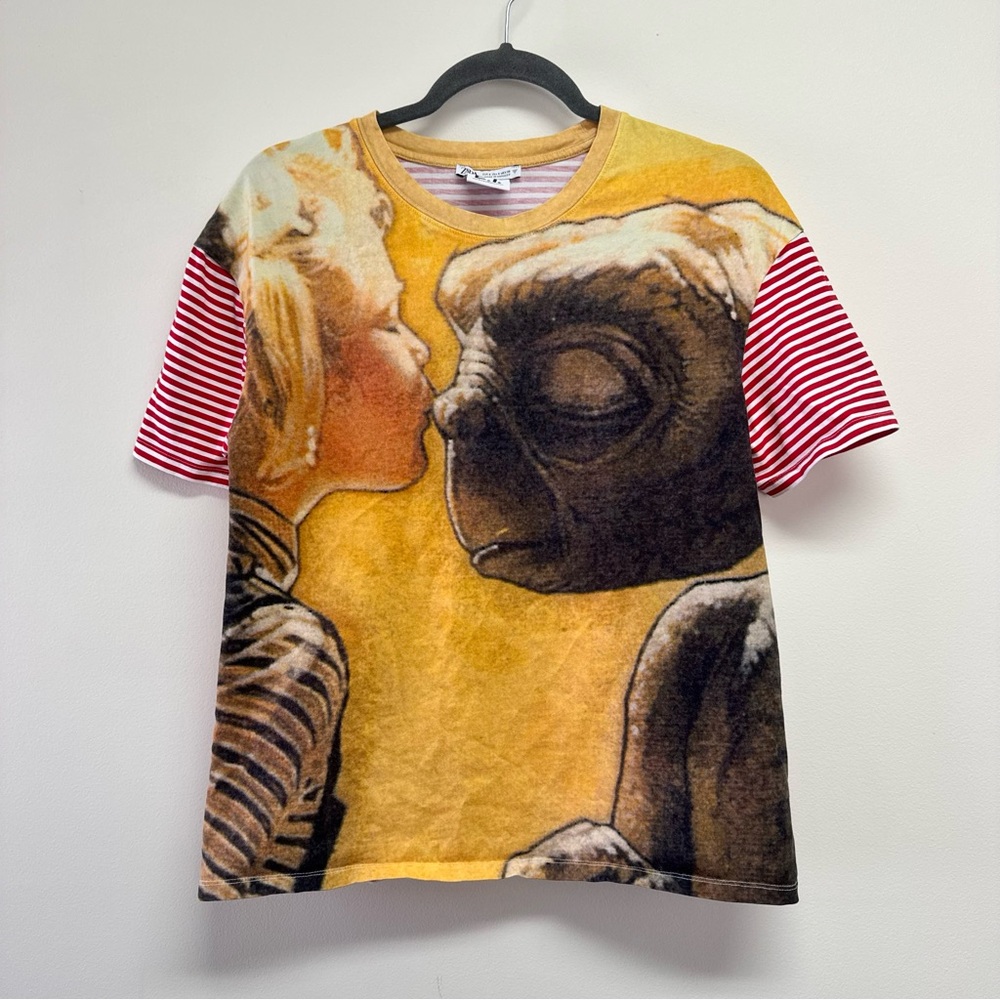 Zara E.T. Graphic Tee with Red Striped Sleeves Size S